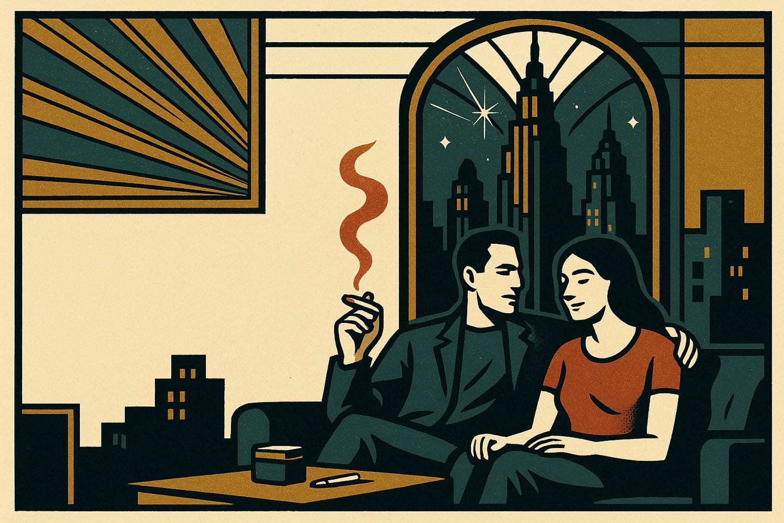 Two people relaxing at home, a lit deco skyline through the window