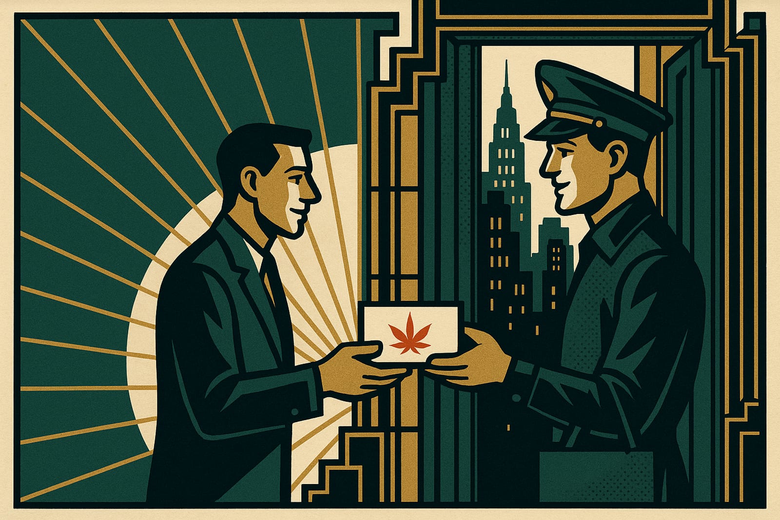 A Gotham courier handing a discreet parcel to a customer at their door